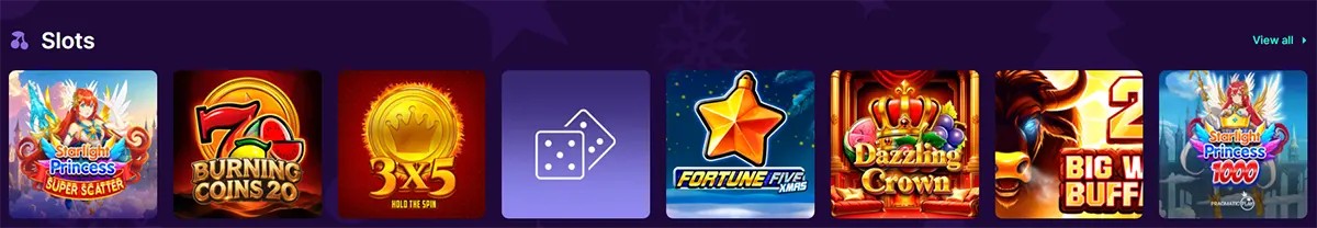 Slots carousel showing game tiles including Starlight Princess Super Scatter, Burning Coins 20, 3x5 Hold the Spin, a dice icon tile, Fortune Five XMas, Dazzling Crown, Big Bad Buffalo, and Starlight Princess 1000, with a “View all” link.
