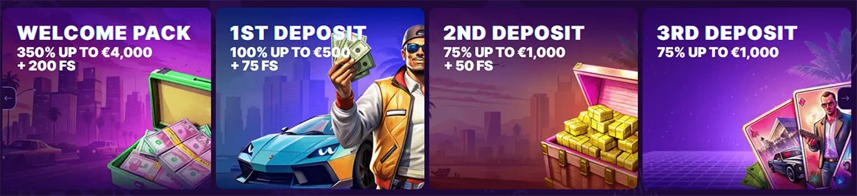 Row of four SlotRush bonus cards: “Welcome Pack” 350% up to €4,000 + 200 FS, “1st Deposit” 100% up to €500 + 75 FS with a man and sports car, “2nd Deposit” 75% up to €1,000 + 50 FS with a gold chest, and “3rd Deposit” 75% up to €1,000 with a casino-themed card illustration.