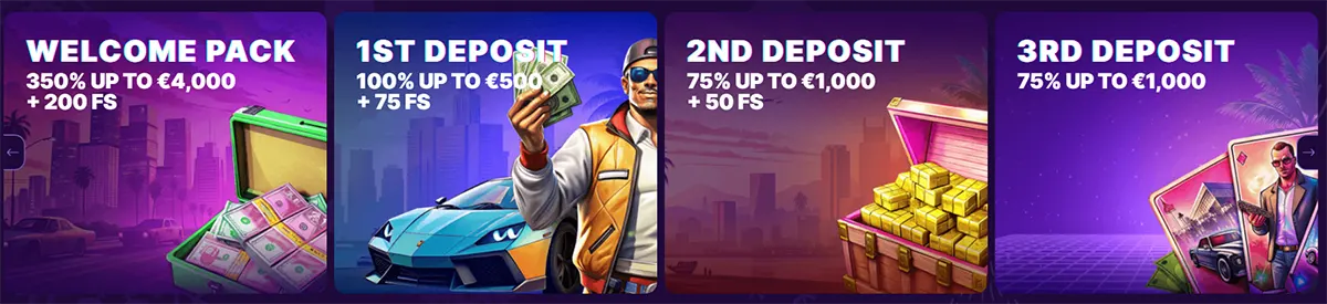 Row of four SlotRush bonus cards: “Welcome Pack” 350% up to €4,000 + 200 FS, “1st Deposit” 100% up to €500 + 75 FS with a man and sports car, “2nd Deposit” 75% up to €1,000 + 50 FS with a gold chest, and “3rd Deposit” 75% up to €1,000 with a casino-themed card illustration.