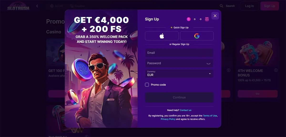 SlotRush casino sign-up pop-up advertising “GET €4,000 + 200 FS” and a 350% welcome pack, with artwork of a man in sunglasses and floating coins beside a registration form offering Apple/Google sign-up, email/password fields, EUR currency, and a promo code option.