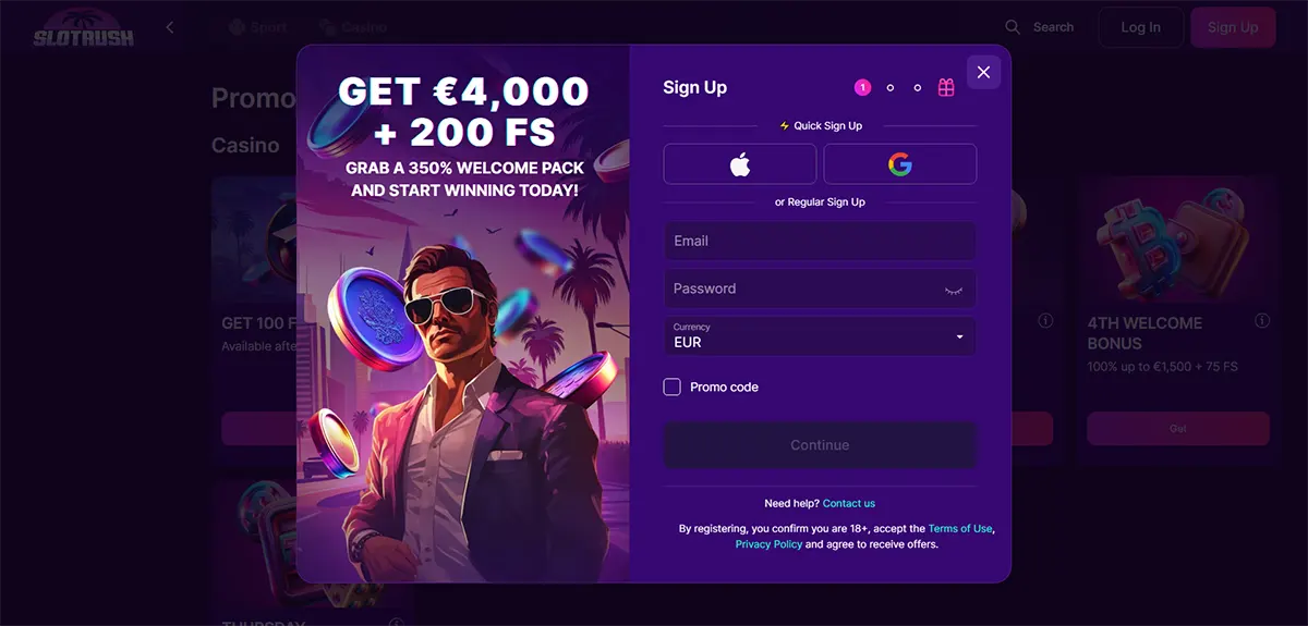 SlotRush casino sign-up pop-up advertising “GET €4,000 + 200 FS” and a 350% welcome pack, with artwork of a man in sunglasses and floating coins beside a registration form offering Apple/Google sign-up, email/password fields, EUR currency, and a promo code option.